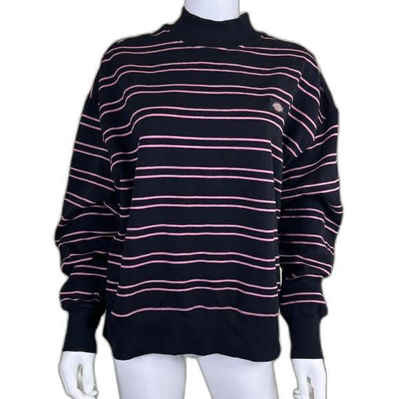 Dickies Women's Pink Black Westover Striped Crewneck Sweatshirt Cotton Boxy - Picture 1 of 14